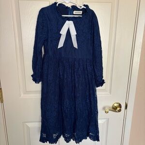 Girls Size 10/140 Navy Blue Lace Long Sleeve Dress Bow Fully Lined Formal